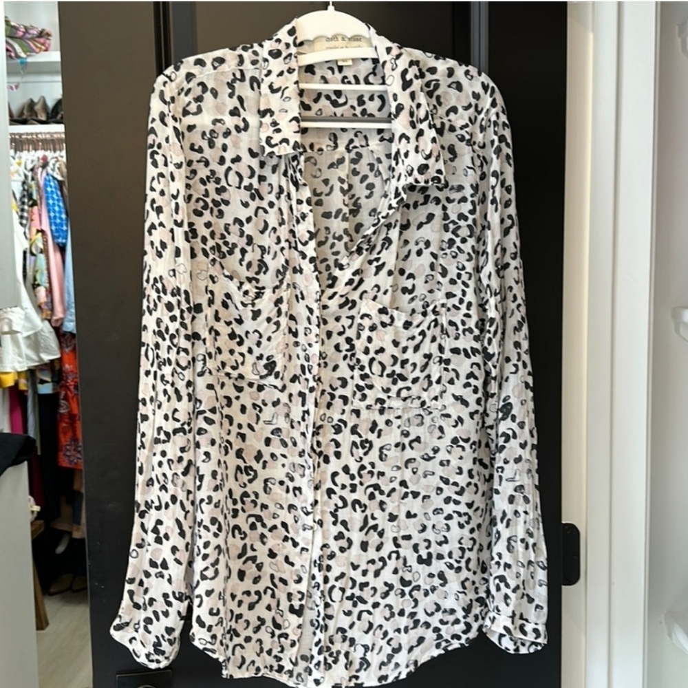 Cloth & Stone Leopard Print Button Down Top, XL